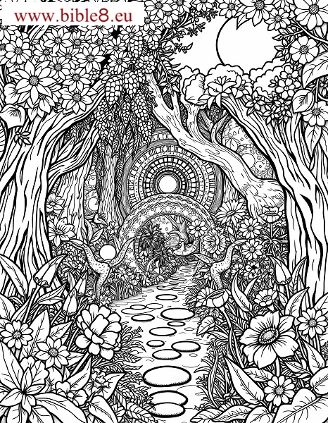 Coloring Page: The Garden of Eden in full bloom.